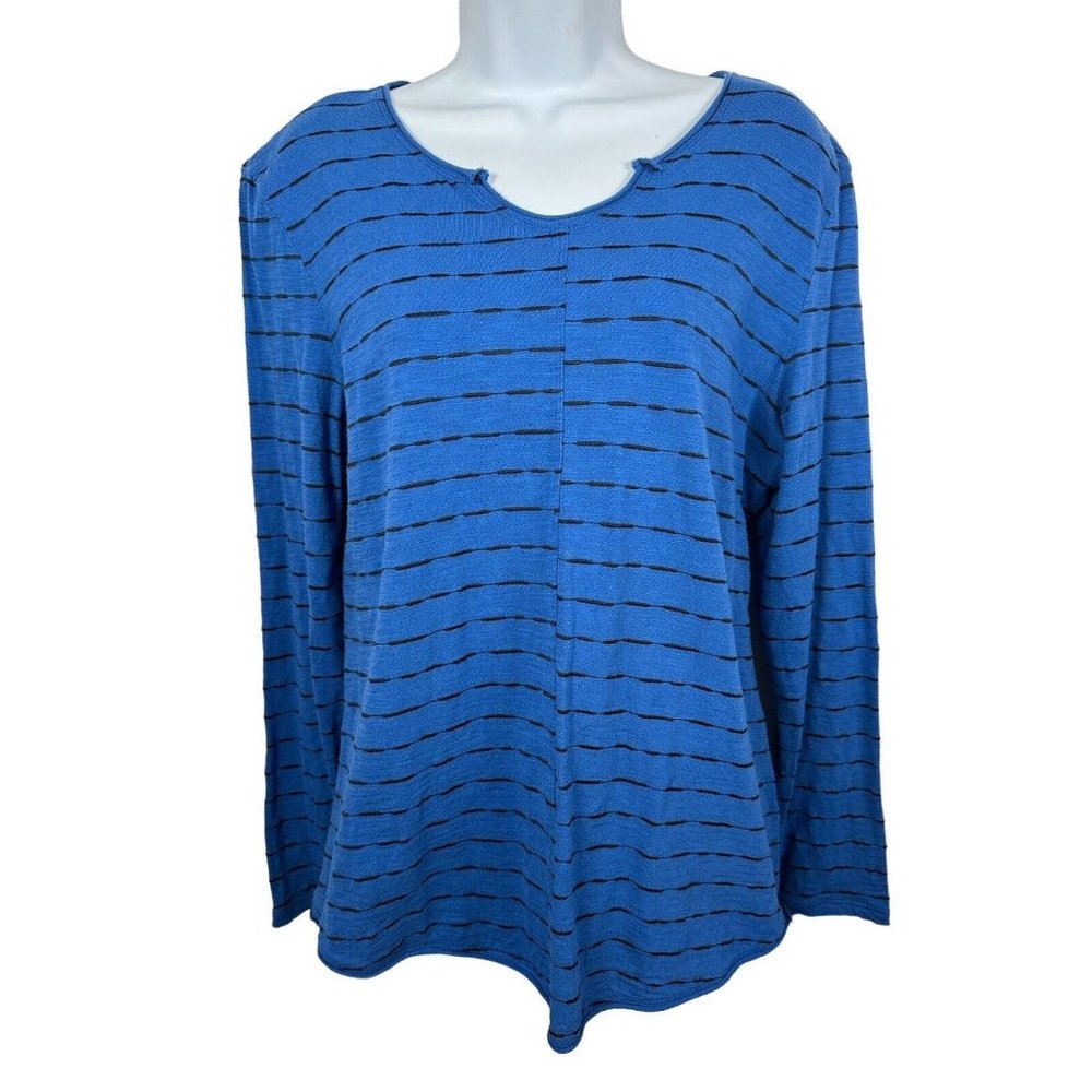Habitat Womens Shirt Small Blue Black Stripe Long Sleeve Pullover Hi Low Stretch